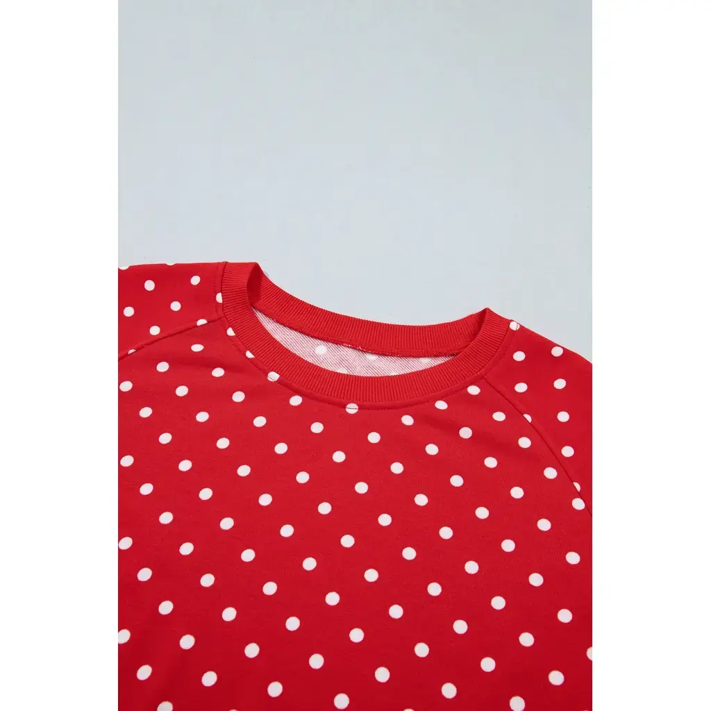 Red Polka Dot Drawstring Wide Leg Long Sleeve Top Pant Set - Image 4