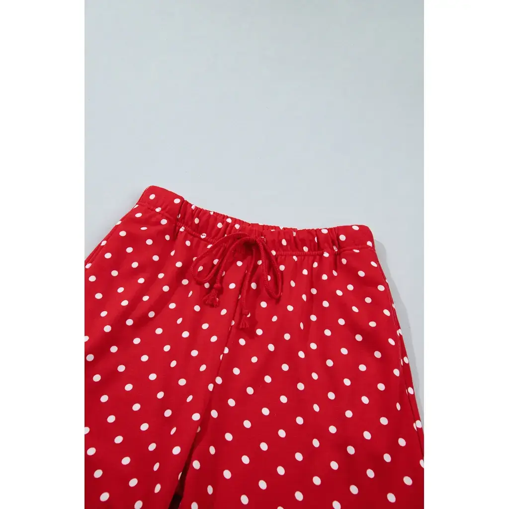 Red Polka Dot Drawstring Wide Leg Long Sleeve Top Pant Set - Image 8