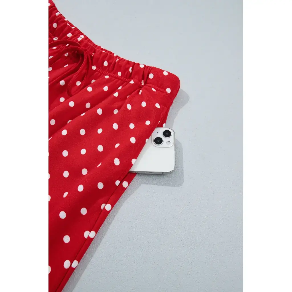 Red Polka Dot Drawstring Wide Leg Long Sleeve Top Pant Set - Image 9