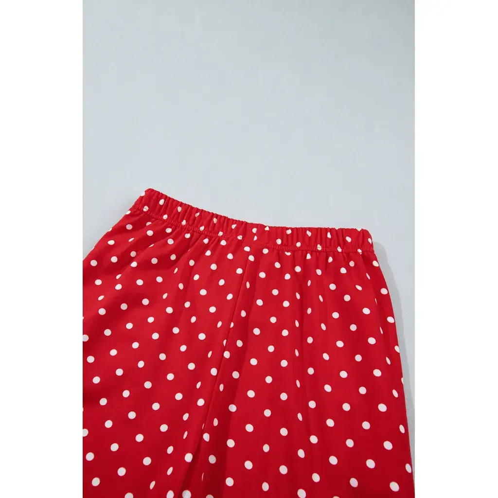 Red Polka Dot Drawstring Wide Leg Long Sleeve Top Pant Set - Image 11