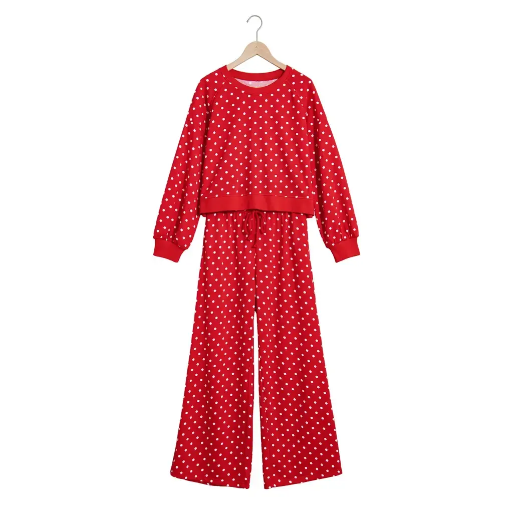 Red Polka Dot Drawstring Wide Leg Long Sleeve Top Pant Set - Image 12