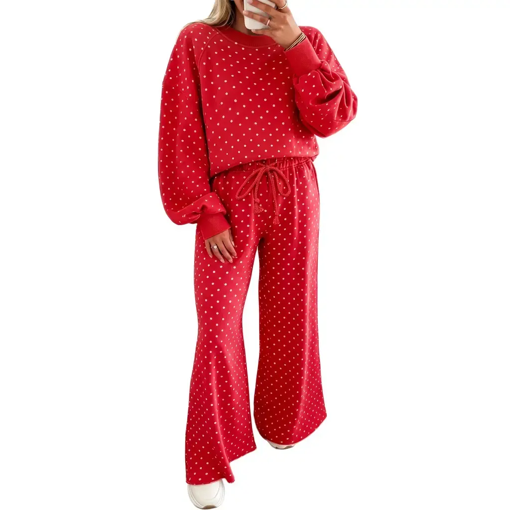 Red Polka Dot Drawstring Wide Leg Long Sleeve Top Pant Set - Image 13