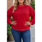 Red Polka Dot Patchwork Round Neck Plus Size Sweatshirt