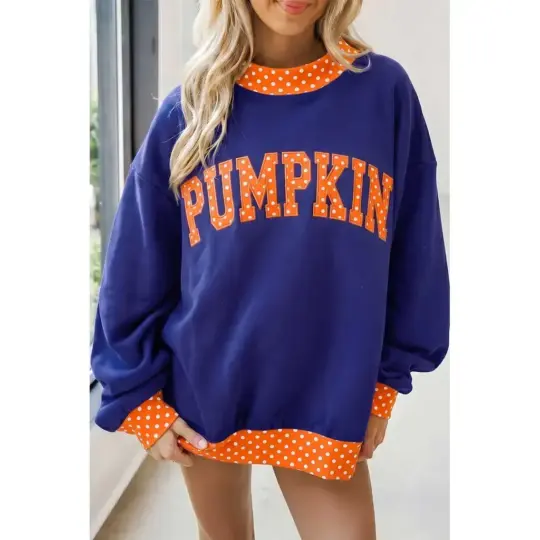 Sail Blue Polka Dot Letter Print Contrast Trim Mock Neck Sweatshirt