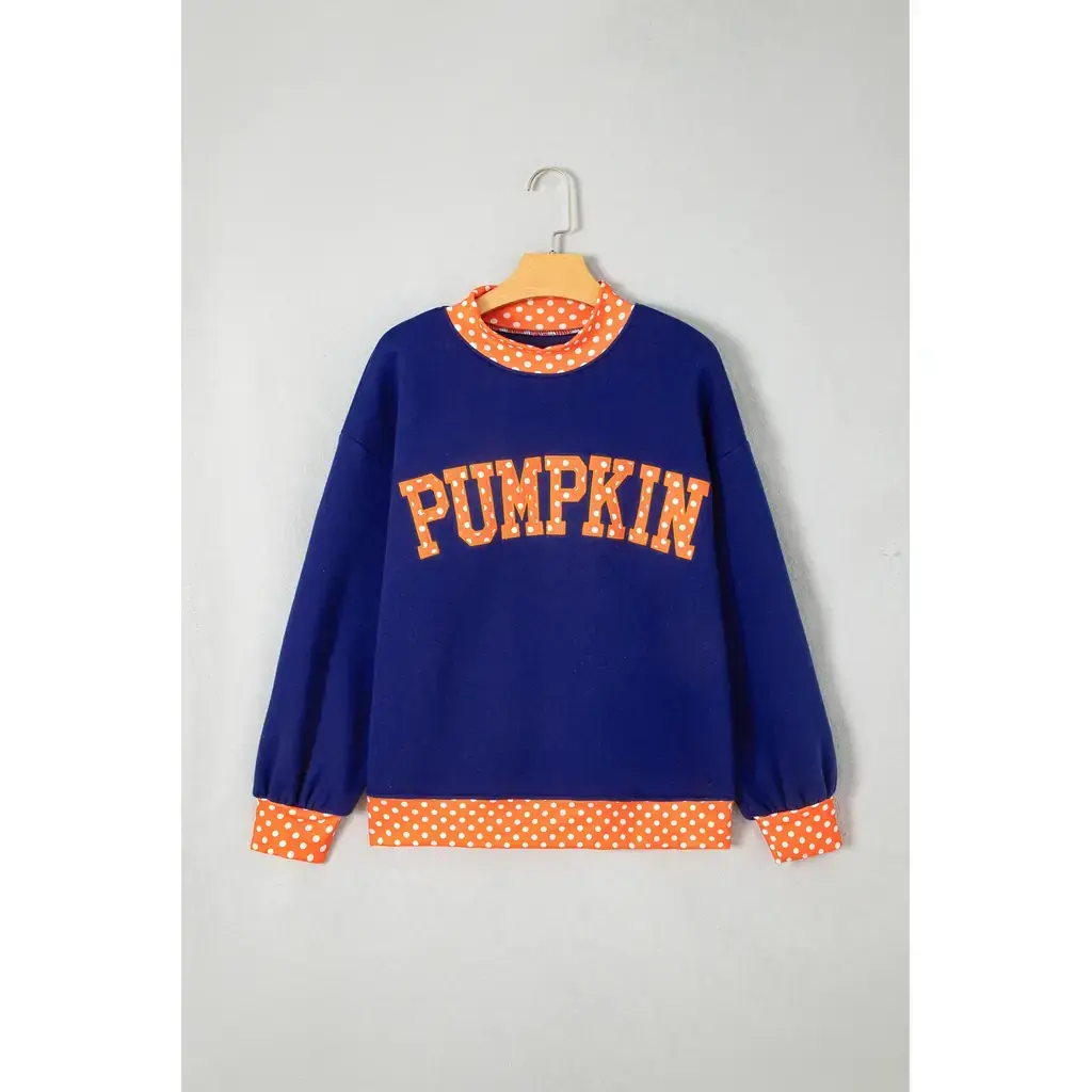 Sail Blue Polka Dot Letter Print Contrast Trim Mock Neck Sweatshirt - Image 2
