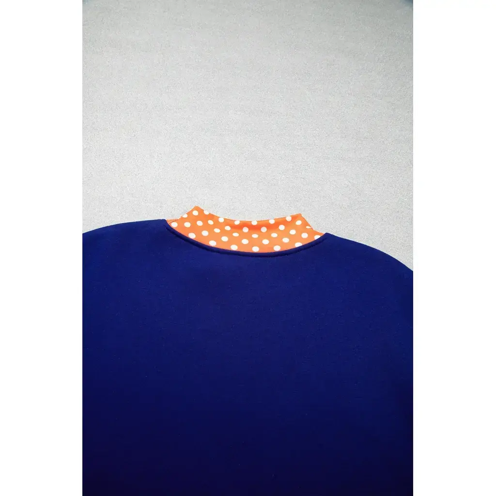Sail Blue Polka Dot Letter Print Contrast Trim Mock Neck Sweatshirt - Image 5