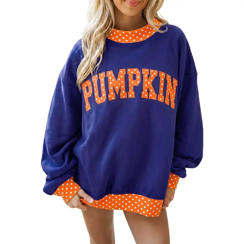 Sail Blue Polka Dot Letter Print Contrast Trim Mock Neck Sweatshirt - Image 11