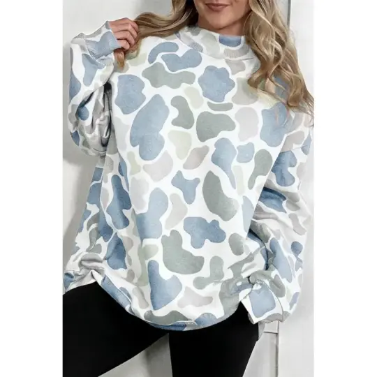 Sky Blue Camouflage Western Style Pullover Sweatshirt