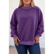 Tillandsia Purple Polka Dot Patchwork Round Neck Plus Size Sweatshirt