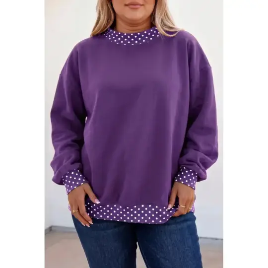 Tillandsia Purple Polka Dot Patchwork Round Neck Plus Size Sweatshirt