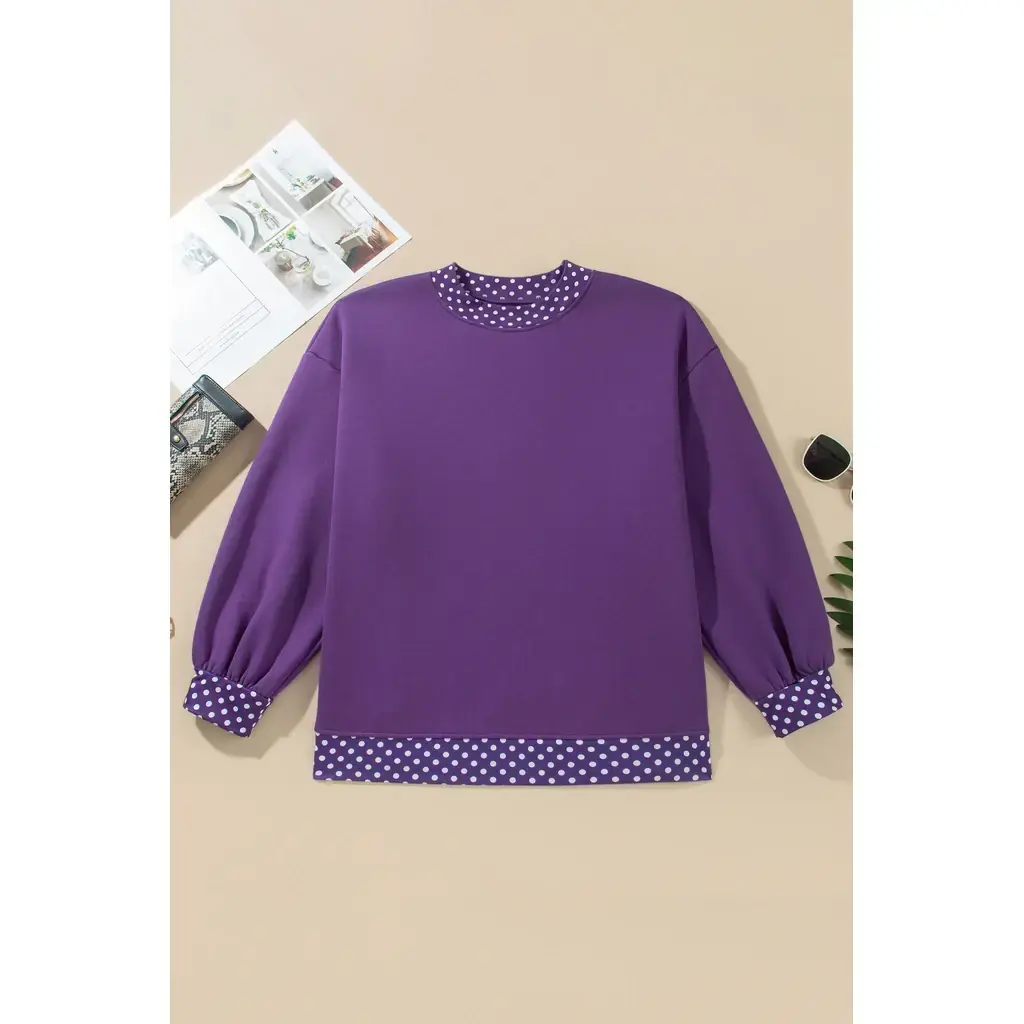 Tillandsia Purple Polka Dot Patchwork Round Neck Plus Size Sweatshirt - Image 2