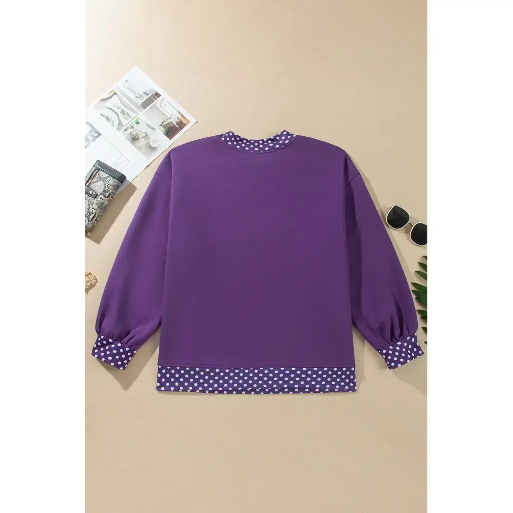 Tillandsia Purple Polka Dot Patchwork Round Neck Plus Size Sweatshirt - Image 3