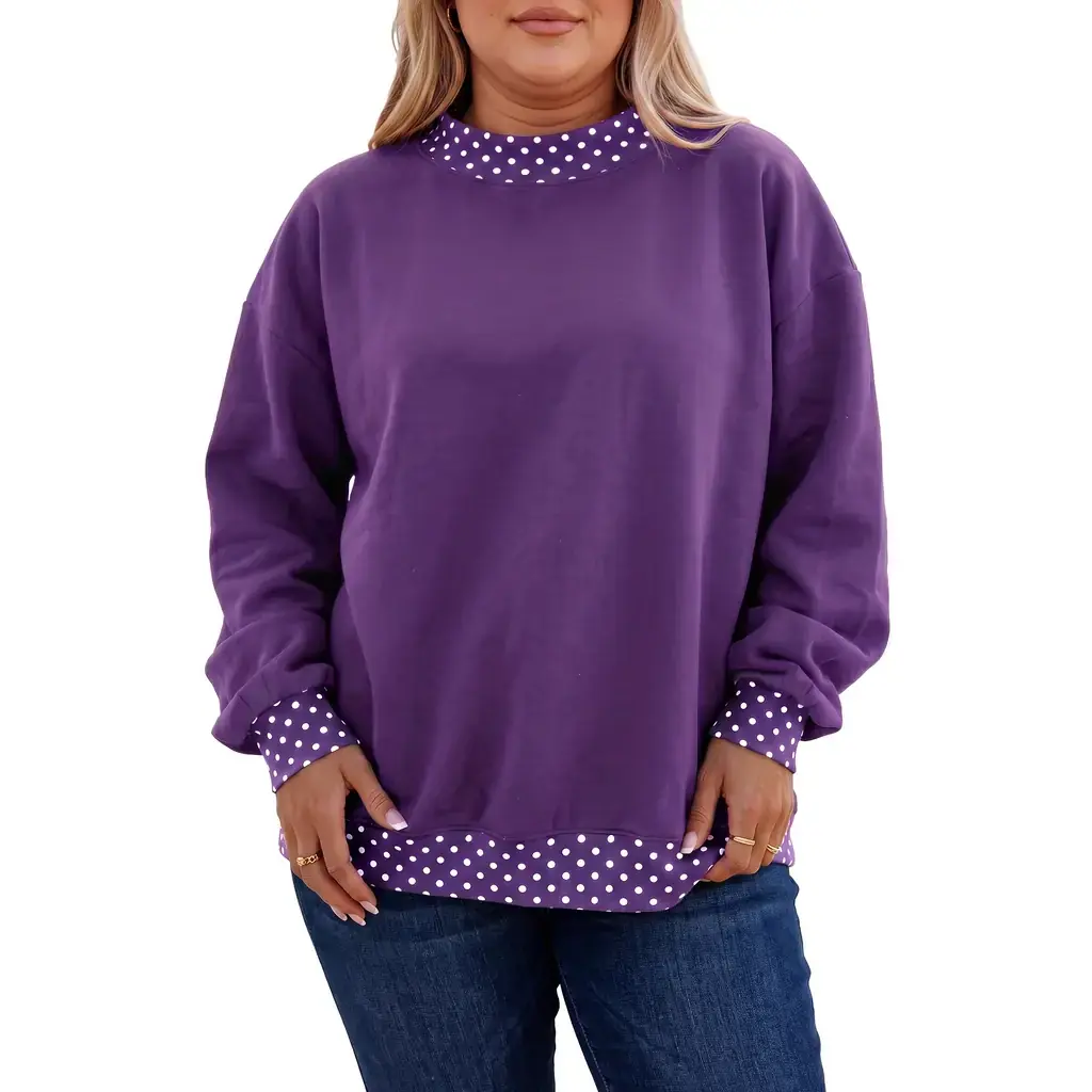 Tillandsia Purple Polka Dot Patchwork Round Neck Plus Size Sweatshirt - Image 10