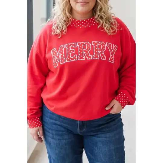 Tomato Red Casual Polka Dot Patchwork Letter Graphic Plus Size Sweatshirt
