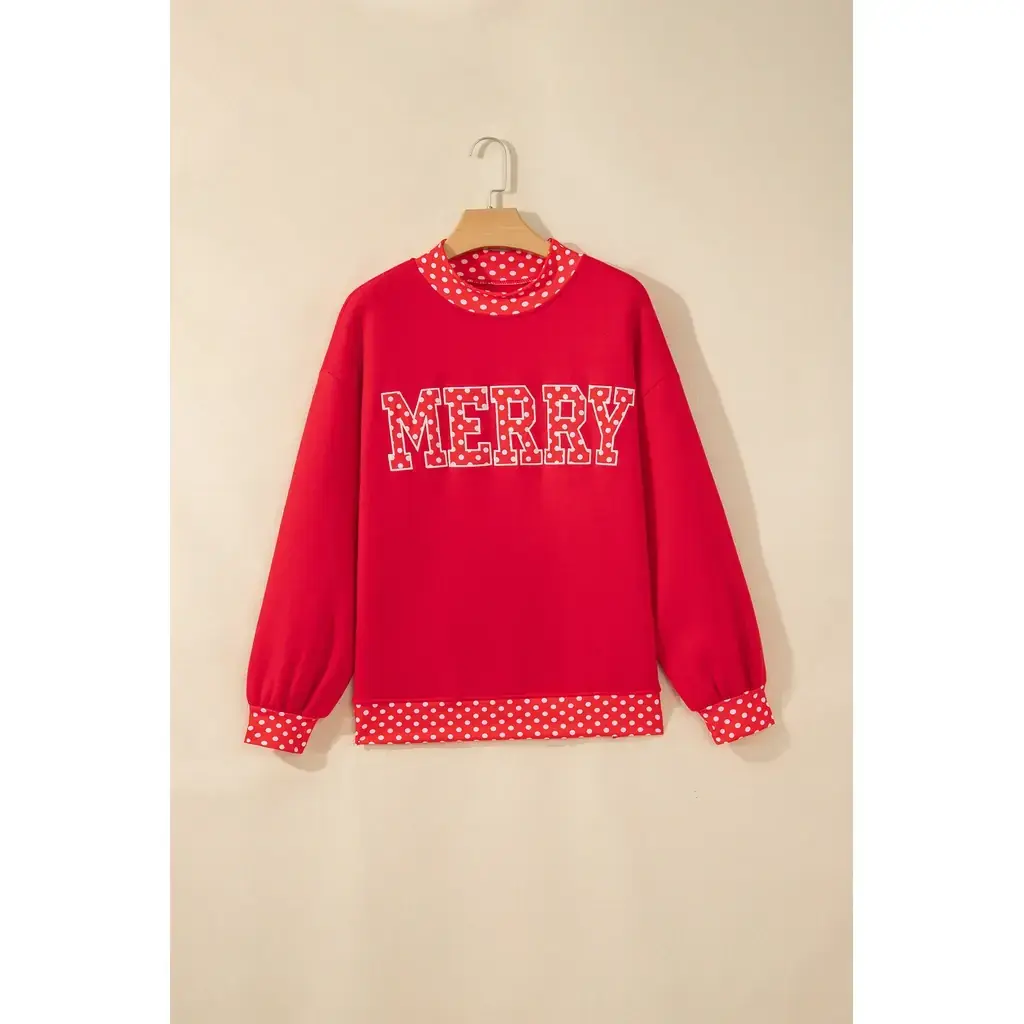 Tomato Red Polka Dot Letter Print Contrast Trim Mock Neck Sweatshirt - Image 2