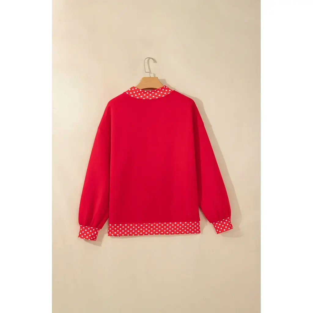 Tomato Red Polka Dot Letter Print Contrast Trim Mock Neck Sweatshirt - Image 3