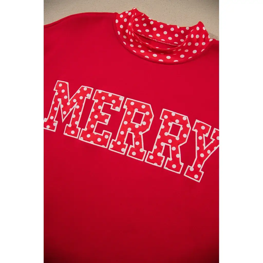 Tomato Red Polka Dot Letter Print Contrast Trim Mock Neck Sweatshirt - Image 7