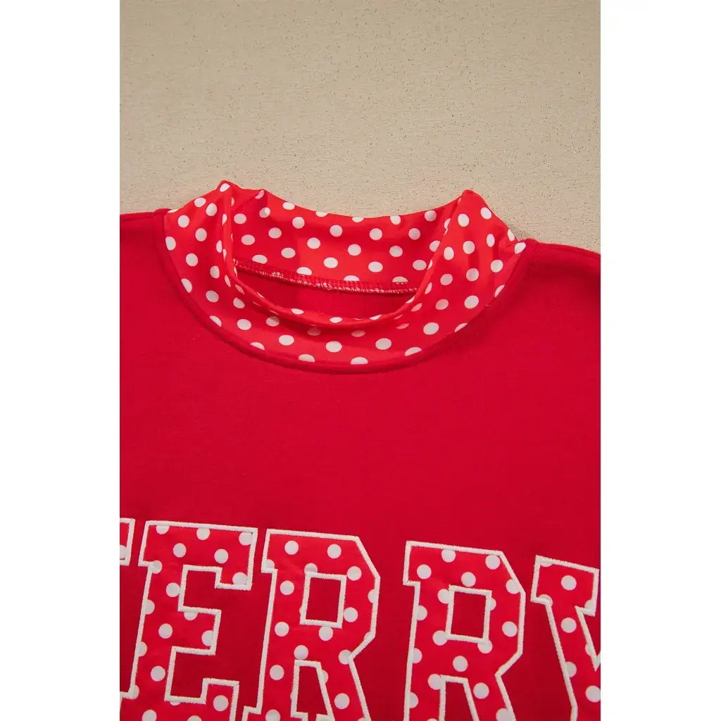 Tomato Red Polka Dot Letter Print Contrast Trim Mock Neck Sweatshirt - Image 8